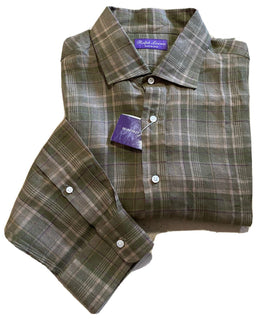 Neu mit Etikett: 495 $ Ralph Lauren Purple Label Herren Leinenhemd Farm Olive XXL Italien
