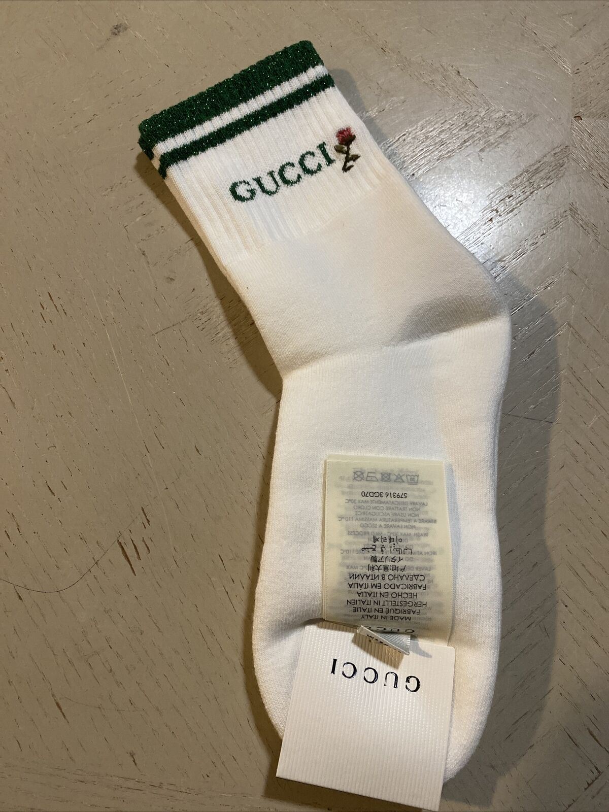 Neu mit Etikett: Gucci-Baumwollsocken mit Gucci-Monogramm, Weiß/Grün, Größe M, Italien