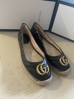 NIB Gucci Damen Leder GG Espadrille Schuhe Schwarz 7 US/37 Eu