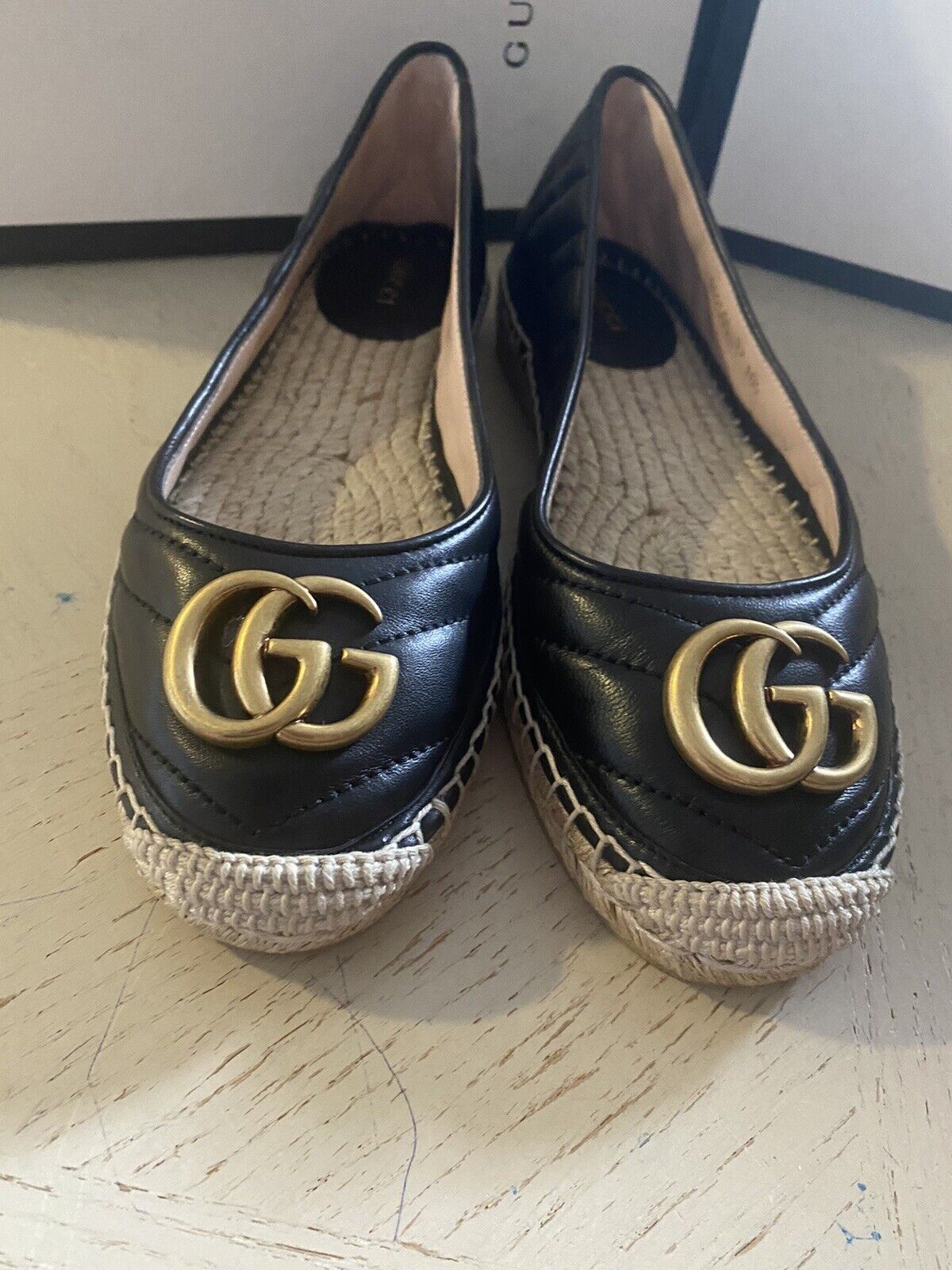 NIB Gucci Women Leather GG Espadrille Shoes Black 7 US/37 Eu