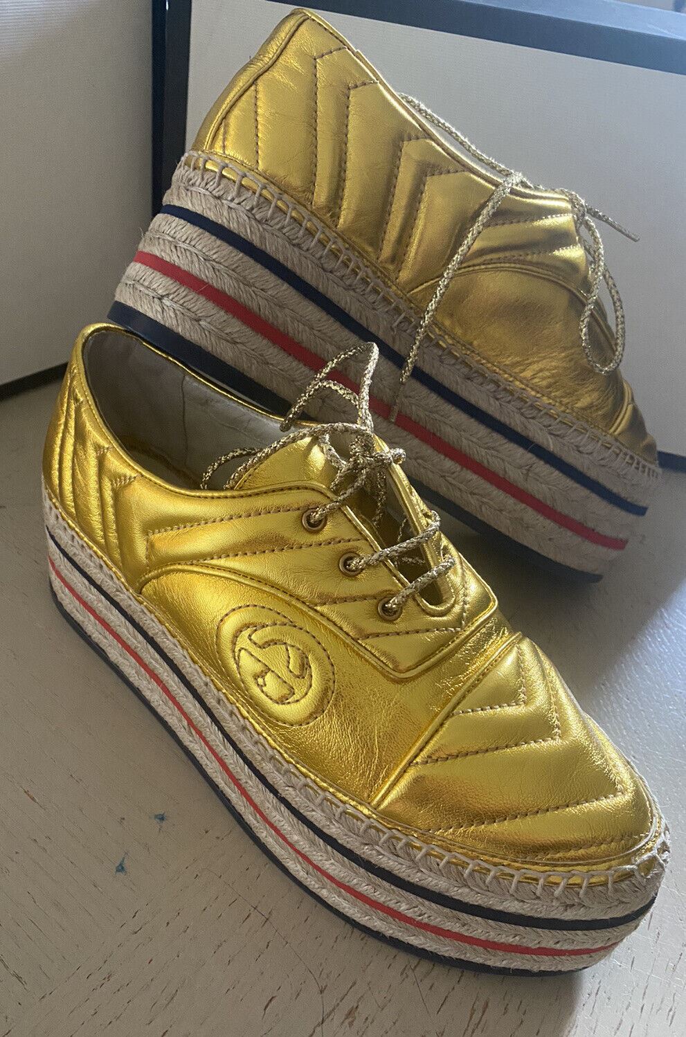 NIB $1500 Gucci Women Leather GG Espadrille Shoes Gold 6 US/37 Eu
