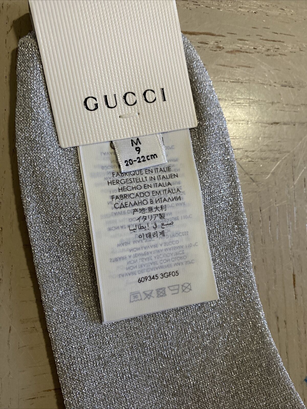 NWT Gucci Mini Greek Socks With Gucci Monogram Silver/Gold Size M Italy