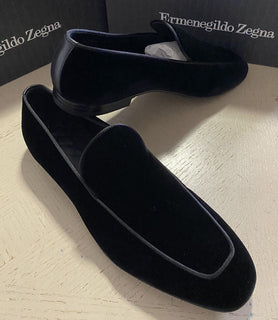 Neue $650 Ermenegildo Zegna Cordsamt/Leder-Loafer-Schuhe Schwarz 10,5 US
