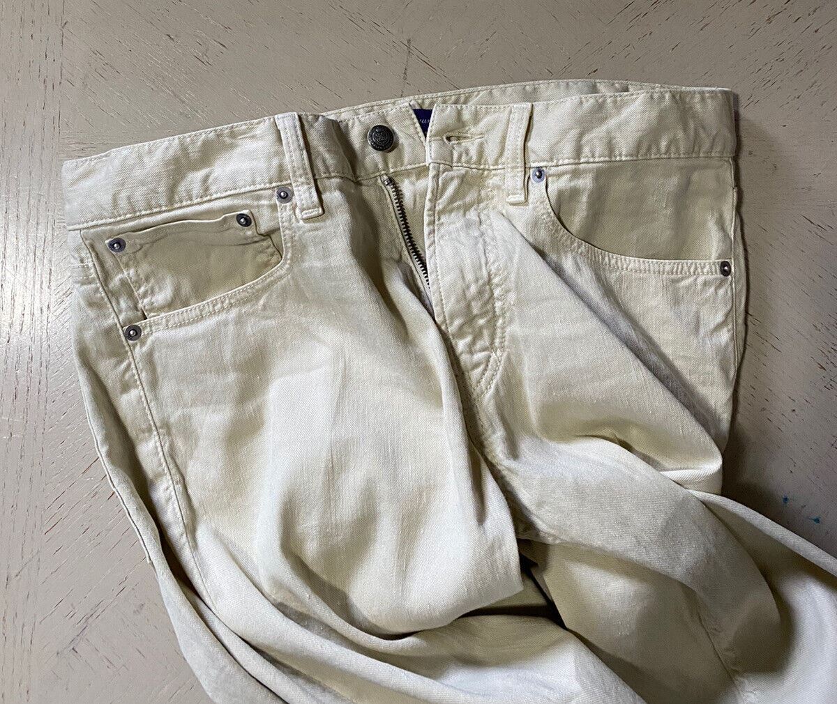 NWT $495 Ralph Lauren Purple Label Men Linen/Cotton Jeans Pants Slim Ivory 32 US