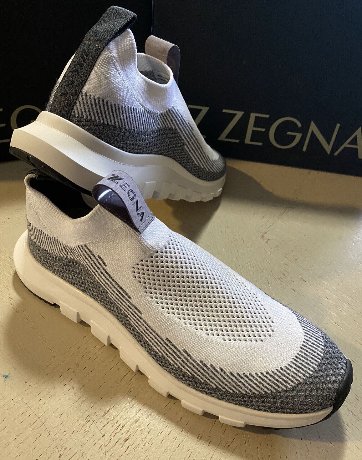 Neu $495 Z Zegna Herren Sock Runners Sneakers Schuhe Weiß/Grau 12,5 US/45,5 Eu