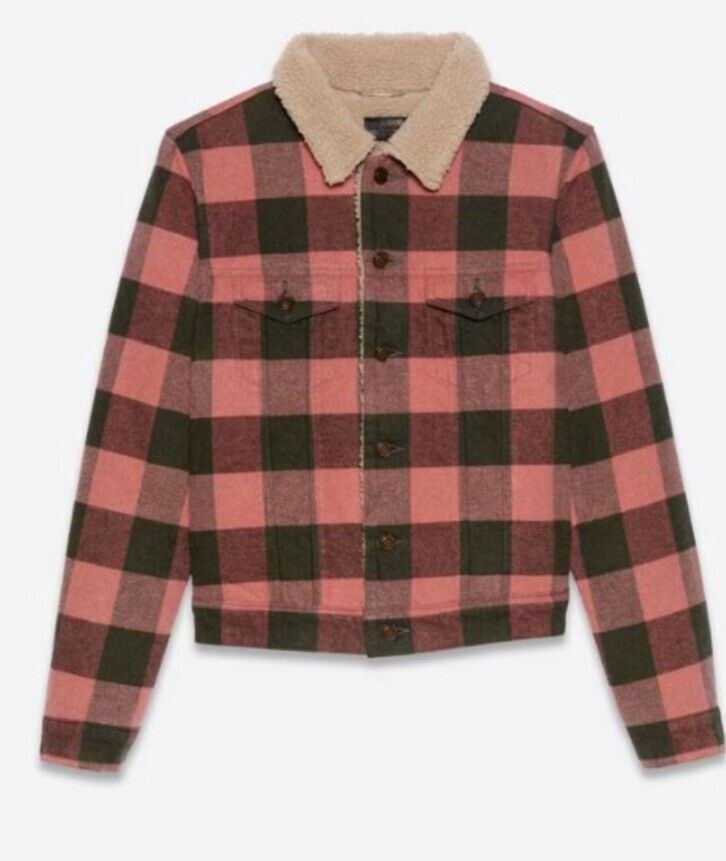 New $3190 Saint Laurent Men Fitted Checked Denim Jacket Shearing Red/Black L