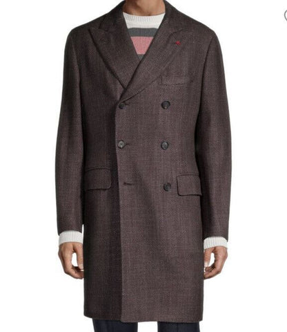 NWT $5125 Isaia Men Cashmere/Silk Double-Breasted Coat Burgundy 40R US/50R Eu