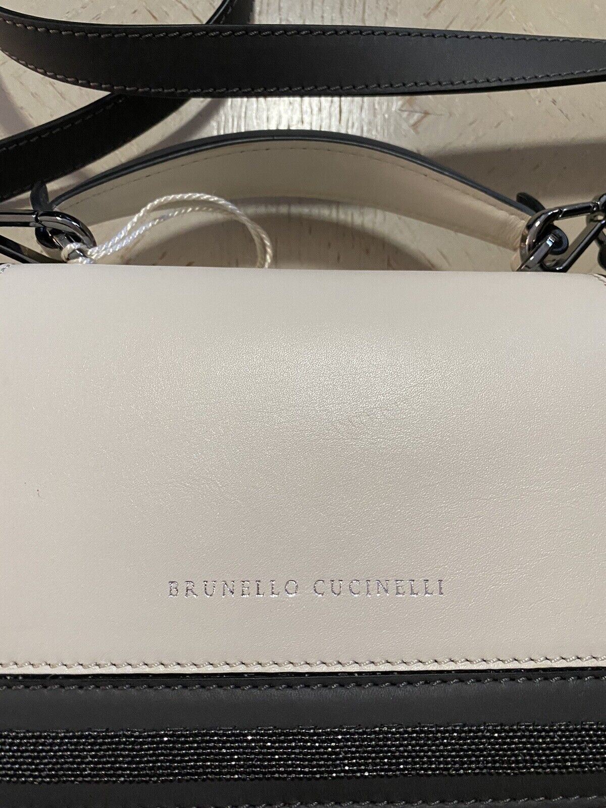 Neu $2495 Brunello Cucinelli Umhängetasche aus Leder mit Monili-Besatz Creme/Schwarz