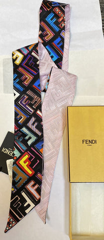 Neuer Fendi Fun Fair Seiden-Twilly-Schal FF-Monogramm Schwarz/Mehrfarbig Italien