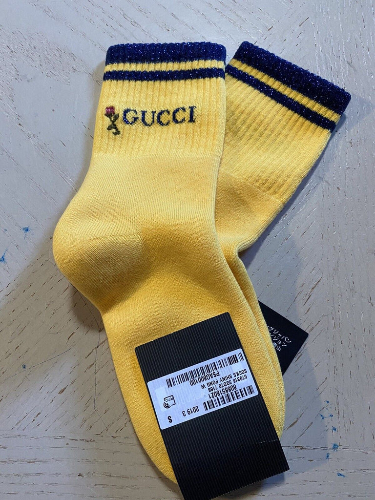 Neu mit Etikett: Gucci Mini griechische Socken mit Gucci-Monogramm, Gelb, Größe S, Italien