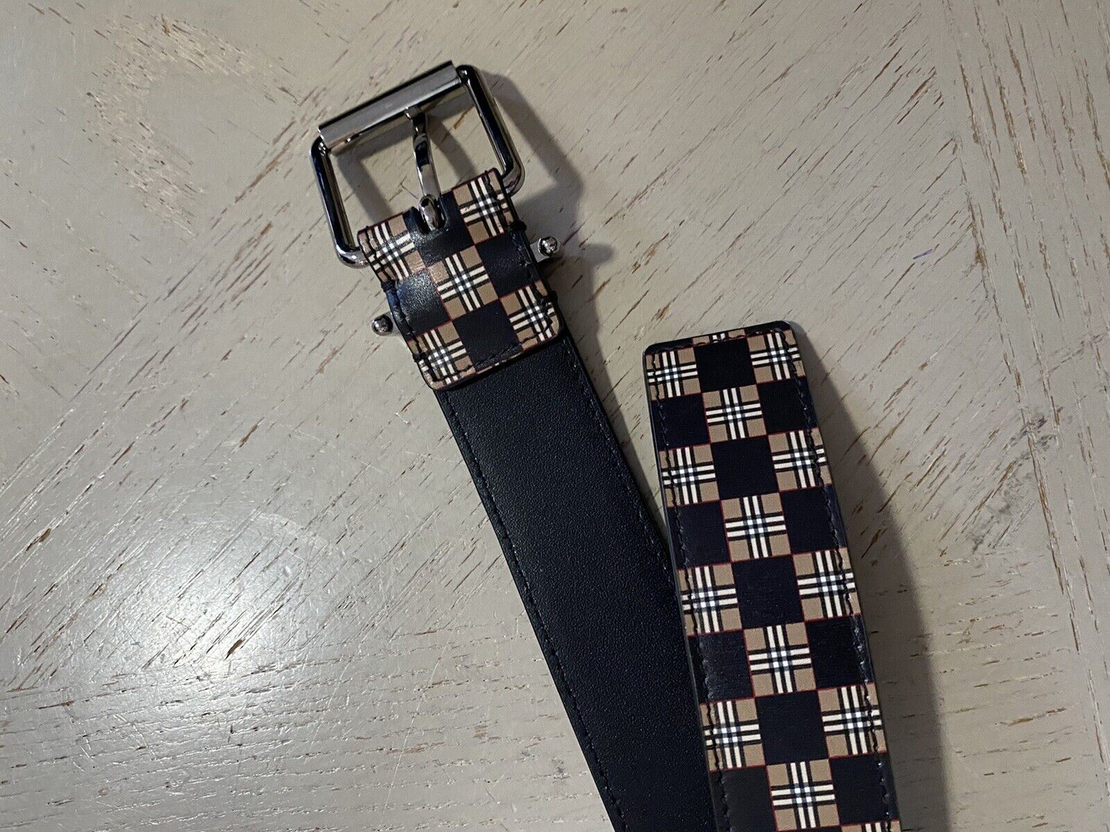 New Burberry Mack Check Leather Belt Beige 85/34 Italy