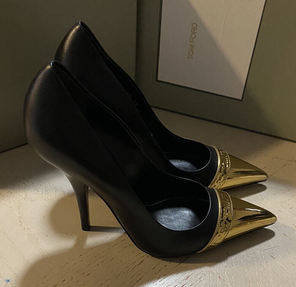NIB $1150 TOM FORD Женские туфли-лодочки с логотипом и металлизированным носком, черный/золотой, 8/38 EU