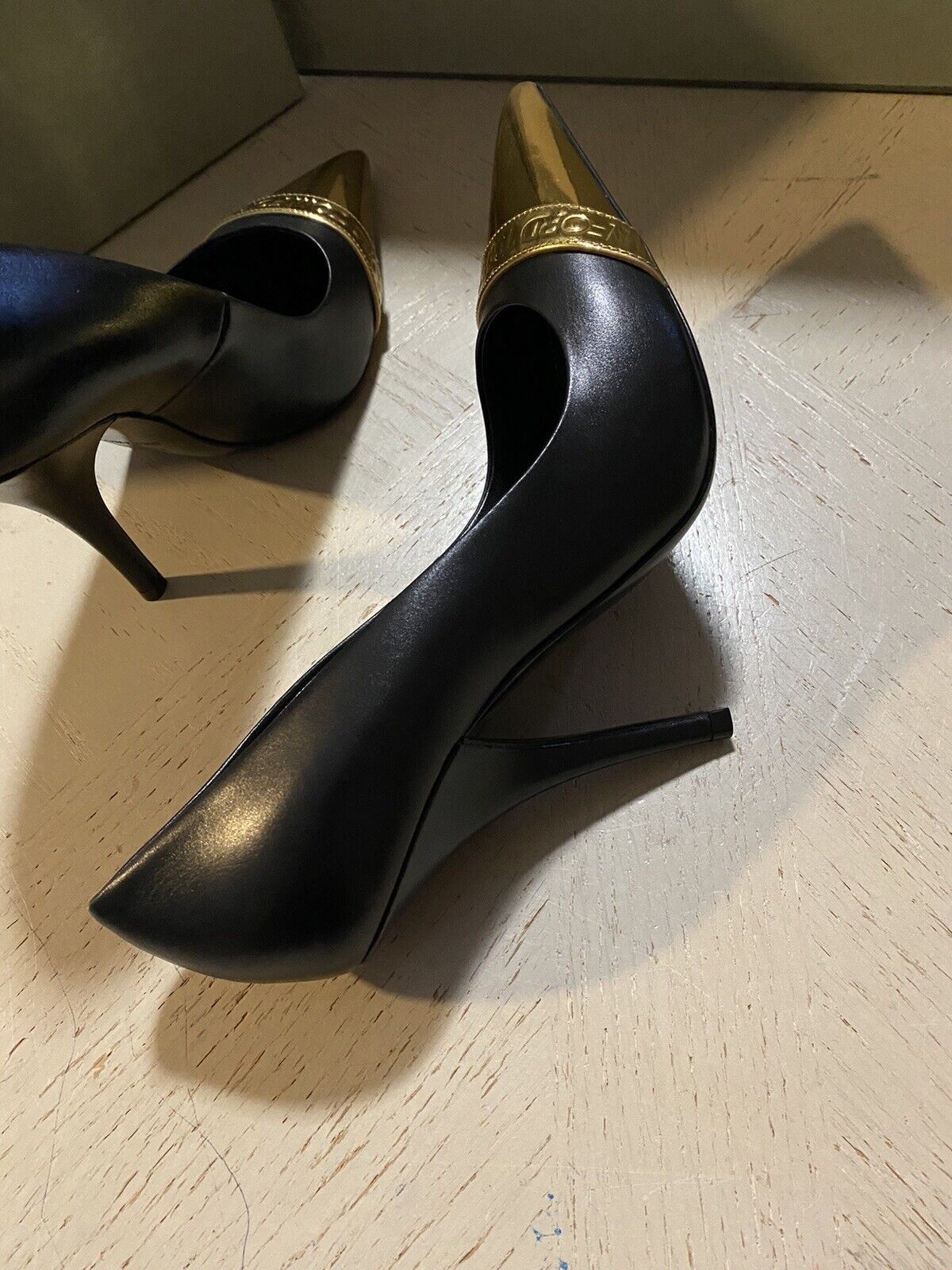 NIB $1150 TOM FORD Women’s Metallic Cap-Toe Logo Pumps Shoes Black/Gold 8/38 Eu