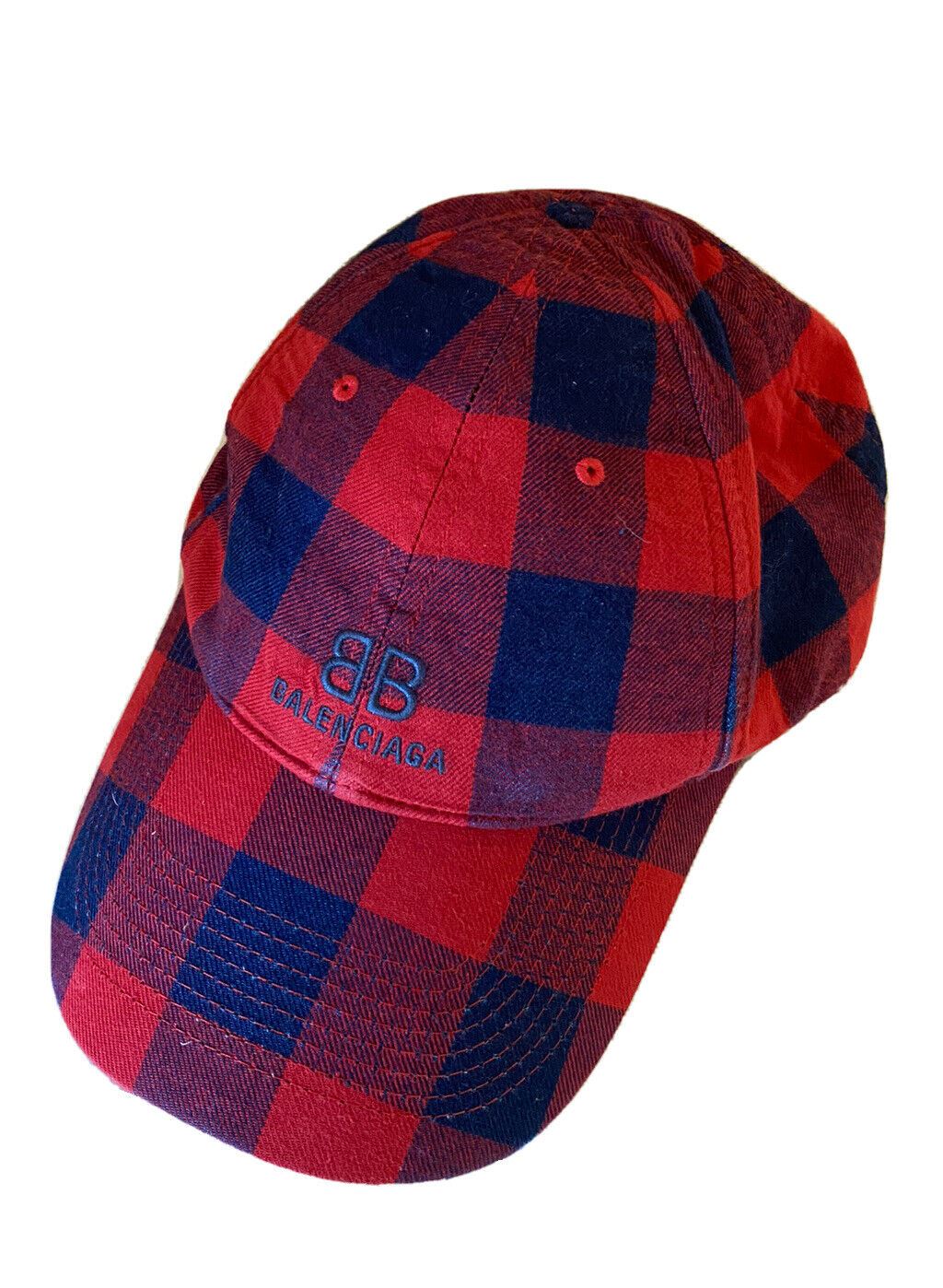 NWT Balenciaga Flannel Baseball Cap Hat Red/Blue Size L Italy
