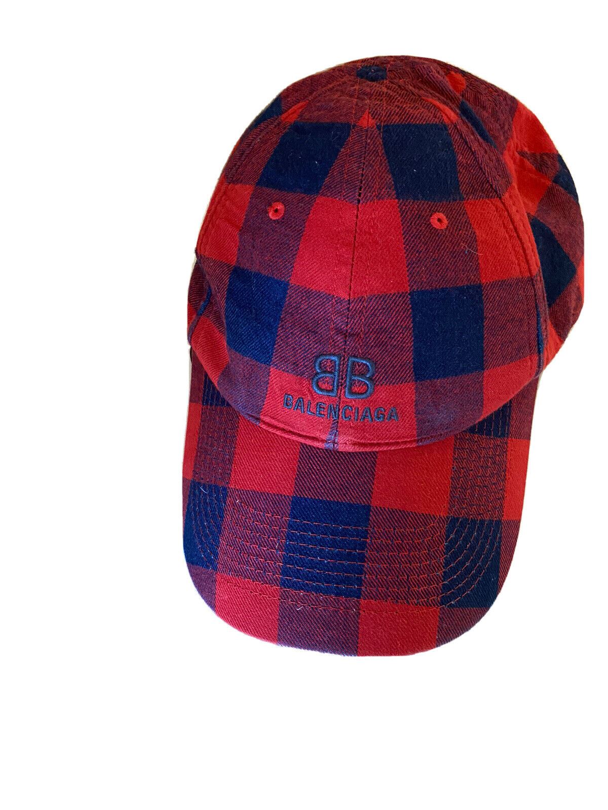 NWT Balenciaga Flannel Baseball Cap Hat Red/Blue Size L Italy