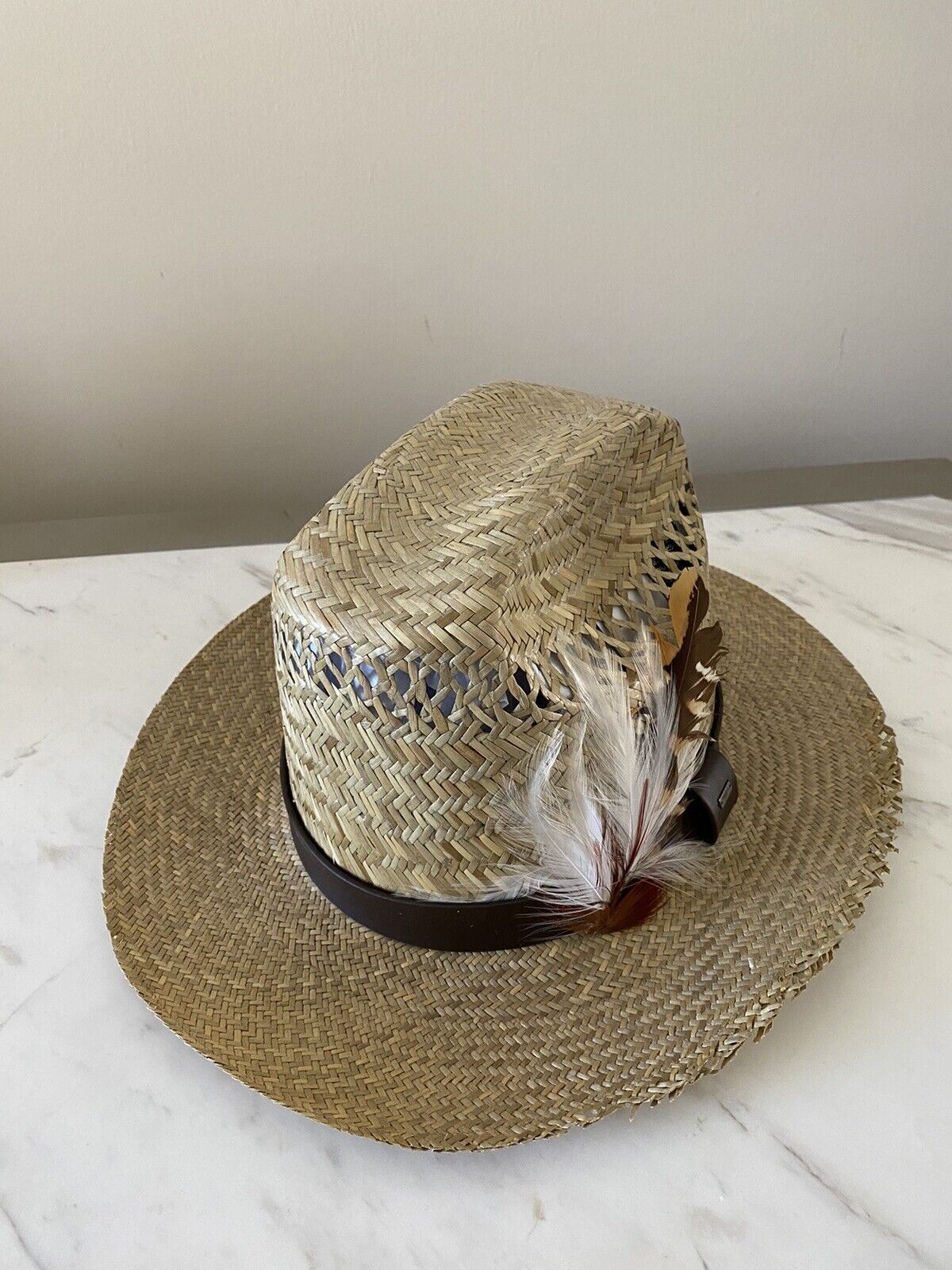 NWT $895 Saint Laurent Straw Cowboy Hat With Leather and Feathers Brown M