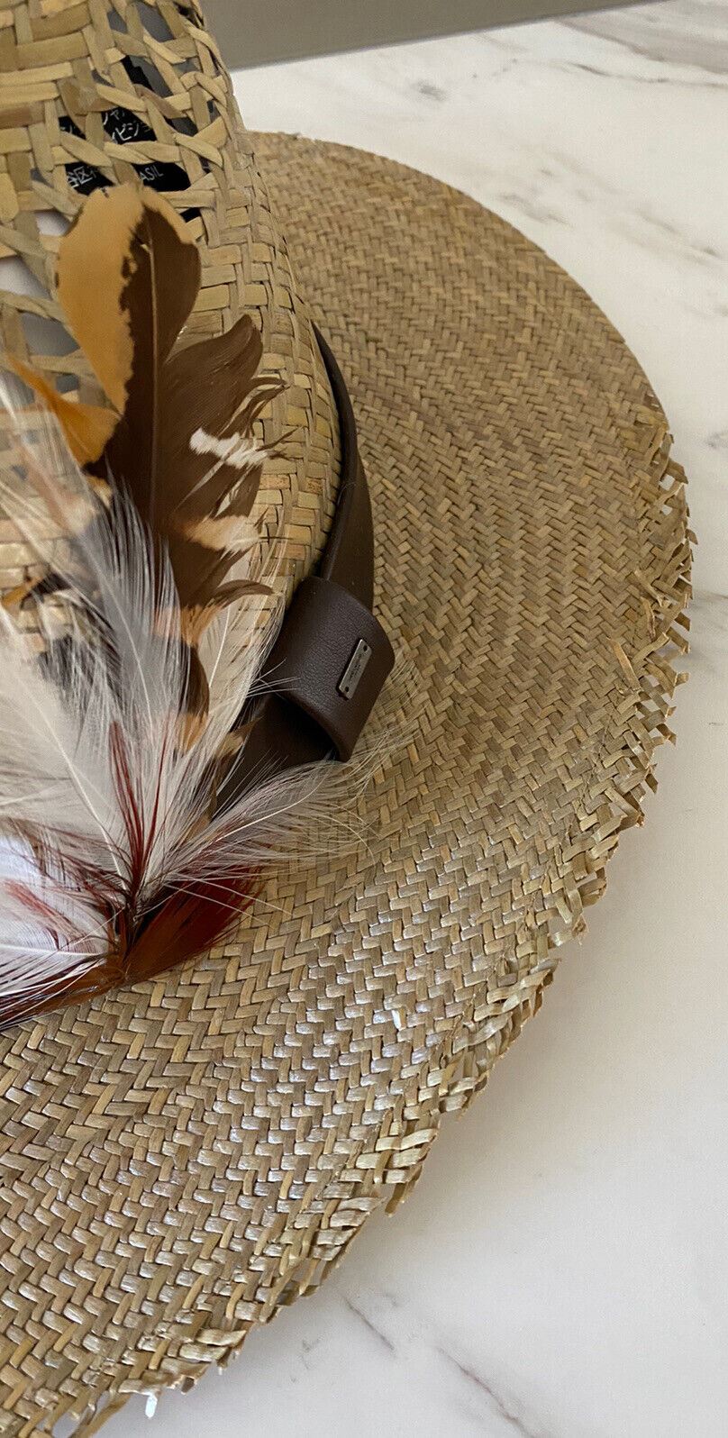 NWT 895 долларов США Соломенная ковбойская шляпа Saint Laurent с кожей и перьями Коричневая M