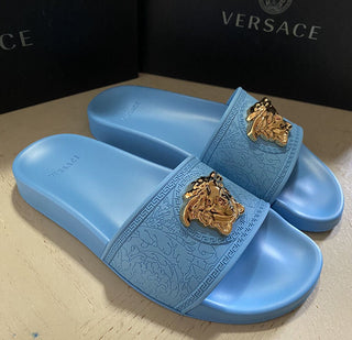 NIB 450 $ Versace Damen Medusa Rubber Pool Slides Sandale Himmelblau 9,5 US/39,5 Eu