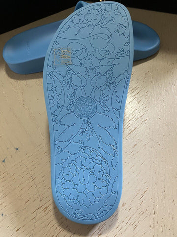 NIB 450 $ Versace Damen Medusa Rubber Pool Slides Sandale Himmelblau 9,5 US/39,5 Eu