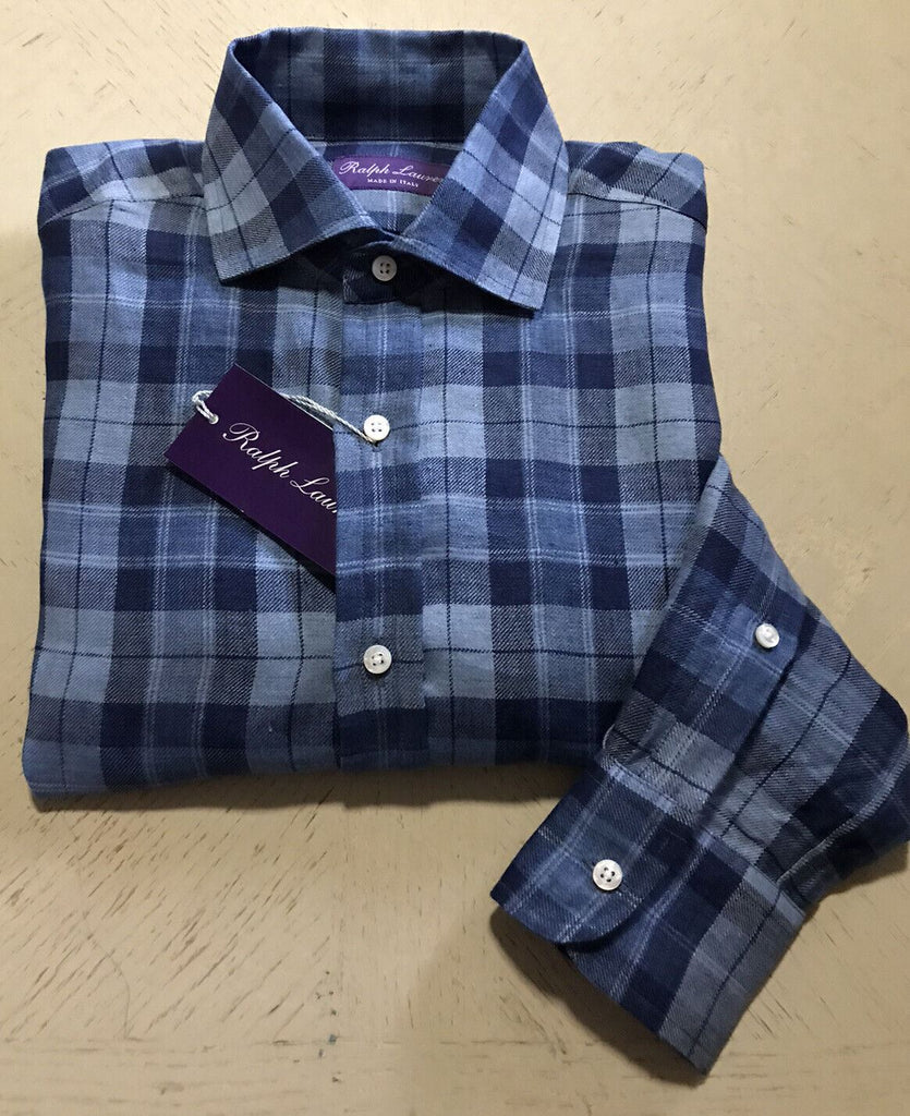 Neu mit Etikett &amp;495 Ralph Lauren Purple Label Herren kariertes Leinenhemd, Marineblau, S, Italien
