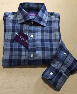 Neu mit Etikett &amp;495 Ralph Lauren Purple Label Herren kariertes Leinenhemd, Marineblau, S, Italien