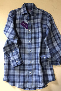 Neu mit Etikett &amp;495 Ralph Lauren Purple Label Herren kariertes Leinenhemd, Marineblau, S, Italien