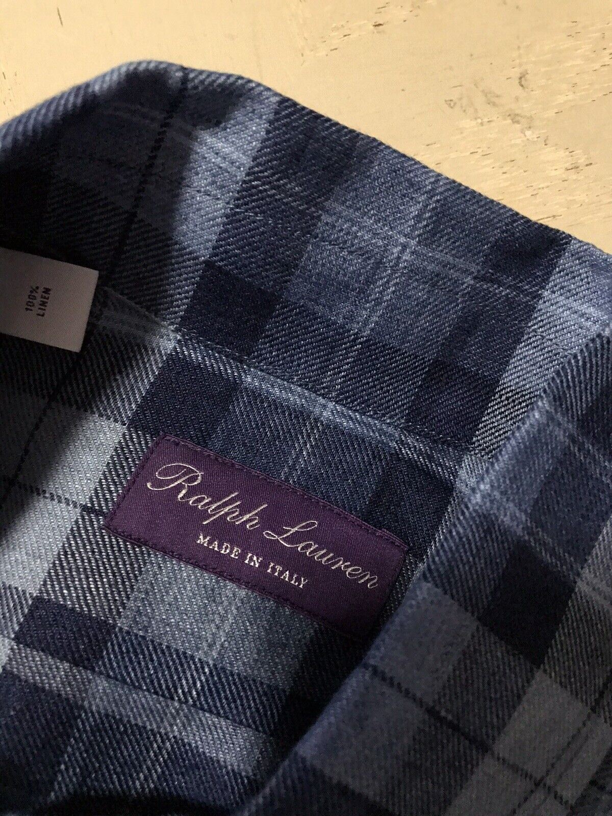 NWT &495 Ralph Lauren Purple Label Men Plaid Linen Shirt Navy S Italy