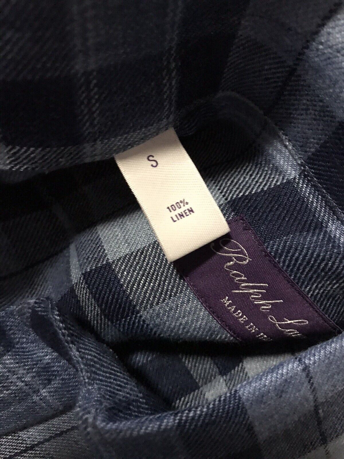 Neu mit Etikett &amp;495 Ralph Lauren Purple Label Herren kariertes Leinenhemd, Marineblau, S, Italien