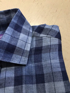 Neu mit Etikett &amp;495 Ralph Lauren Purple Label Herren kariertes Leinenhemd, Marineblau, S, Italien