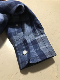 Neu mit Etikett &amp;495 Ralph Lauren Purple Label Herren kariertes Leinenhemd, Marineblau, S, Italien