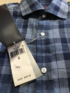 Neu mit Etikett &amp;495 Ralph Lauren Purple Label Herren kariertes Leinenhemd, Marineblau, S, Italien