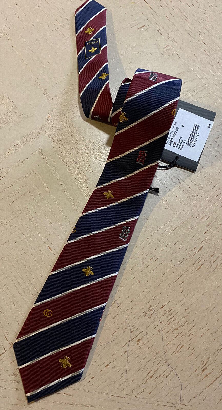 New Gucci Mens GG /Bee/Snake Printed Silk  Neck Tie Navy/Burgundy Italy
