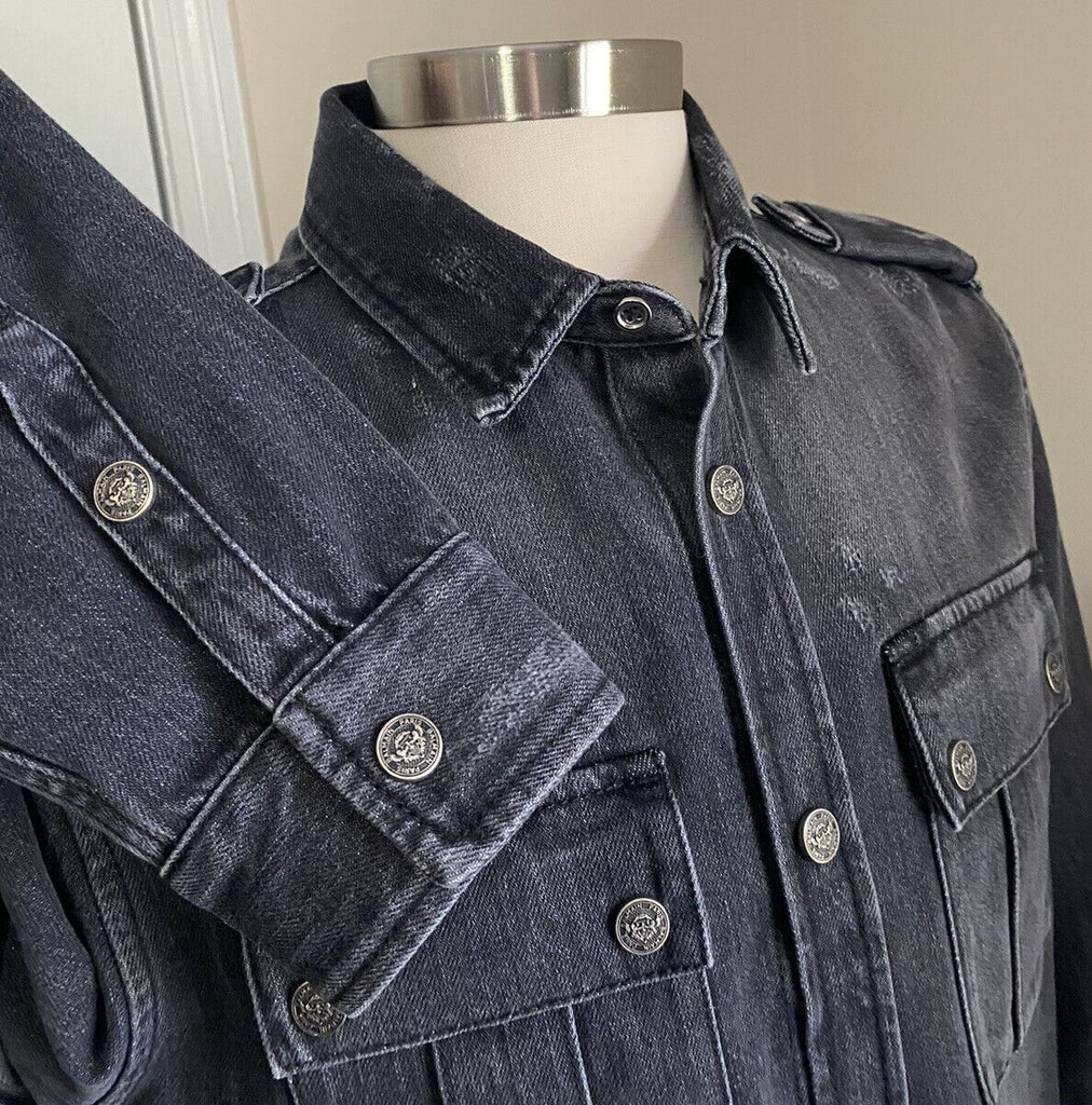 Neu mit Etikett: 1.395 $ Balmain Herren-Denim-Sportjeanshemd mit rohem Saum, Schwarz, 40/15,5 (M)