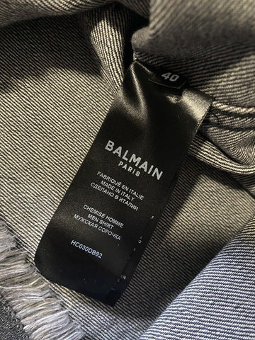 NWT $1395 Balmain Men's Raw-Hem Denim Sport Jeans Shirt Black 40/15.5 ( M )