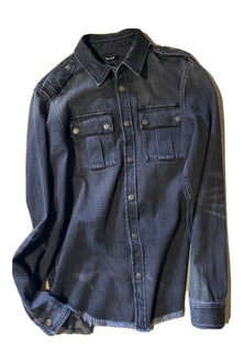 Neu mit Etikett: 1.395 $ Balmain Herren-Denim-Sportjeanshemd mit rohem Saum, Schwarz, 40/15,5 (M)