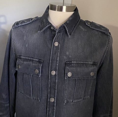 NWT $1395 Balmain Men's Raw-Hem Denim Sport Jeans Shirt Black 40/15.5 ( M )