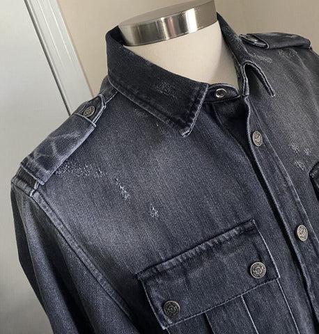 NWT $1395 Balmain Men's Raw-Hem Denim Sport Jeans Shirt Black 40/15.5 ( M )