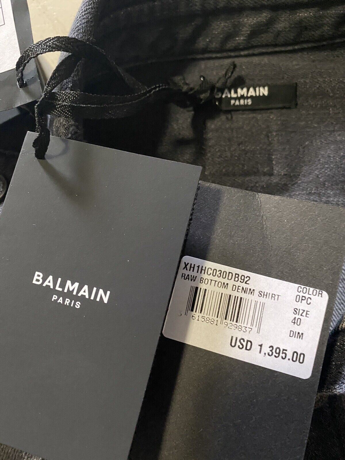 NWT $1395 Balmain Men's Raw-Hem Denim Sport Jeans Shirt Black 40/15.5 ( M )