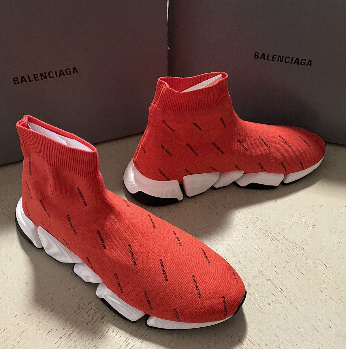 New Men's Balenciaga Red Knit Logo Speed Trainer Sneakers in  US10/EU43.