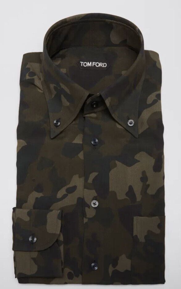 Neu $735 TOM FORD Herren-Tarnanzughemd Grün/Fächer 40/15 3/4 Schweiz