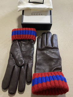 Neu mit Etikett: 1280 $ Gucci Damen-Handschuhe aus weichem Leder/Kaschmir DK Braun Größe L Italien