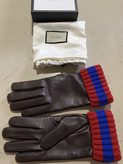 Neu mit Etikett: 1280 $ Gucci Damen-Handschuhe aus weichem Leder/Kaschmir DK Braun Größe L Italien