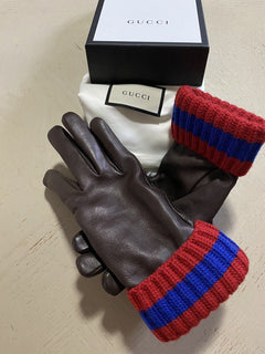 Neu mit Etikett: 1280 $ Gucci Damen-Handschuhe aus weichem Leder/Kaschmir DK Braun Größe L Italien