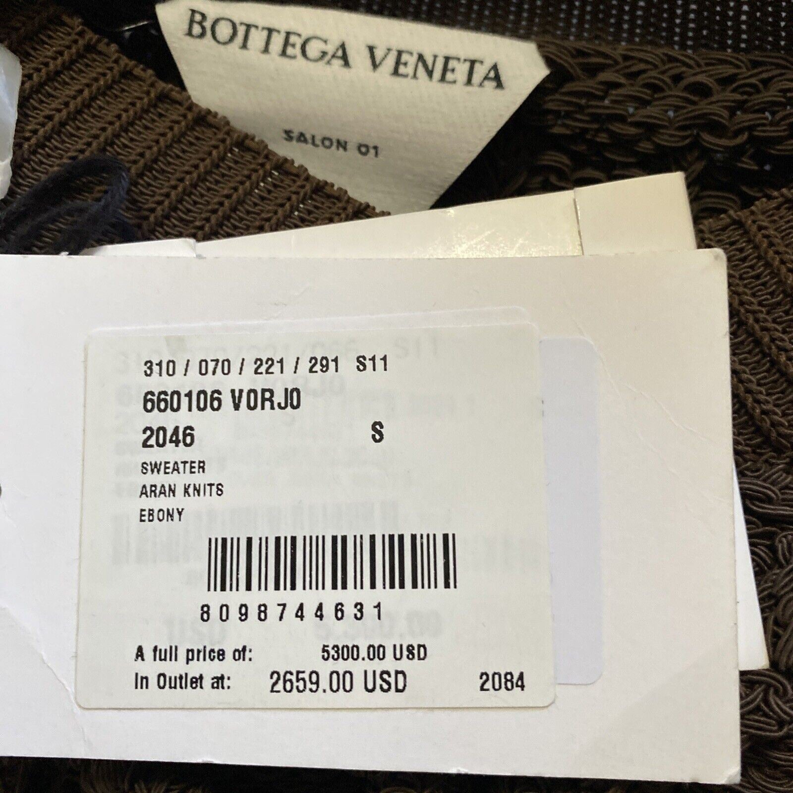 Neu mit Etikett: 5.300 $ Bottega Veneta Herren-Aran-Strickpullover mit V-Ausschnitt, Farbe Ebenholz, Größe S