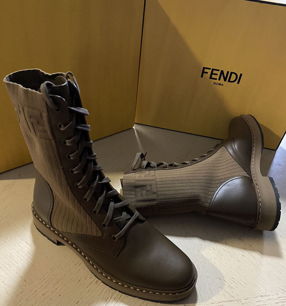 NIB 1100 $ Fendi Damen-Strickstiefel aus Comdat-Leder mit Logo DK Brown 11/41 Eu