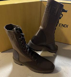 NIB 1100 $ Fendi Damen-Strickstiefel aus Comdat-Leder mit Logo DK Brown 11/41 Eu