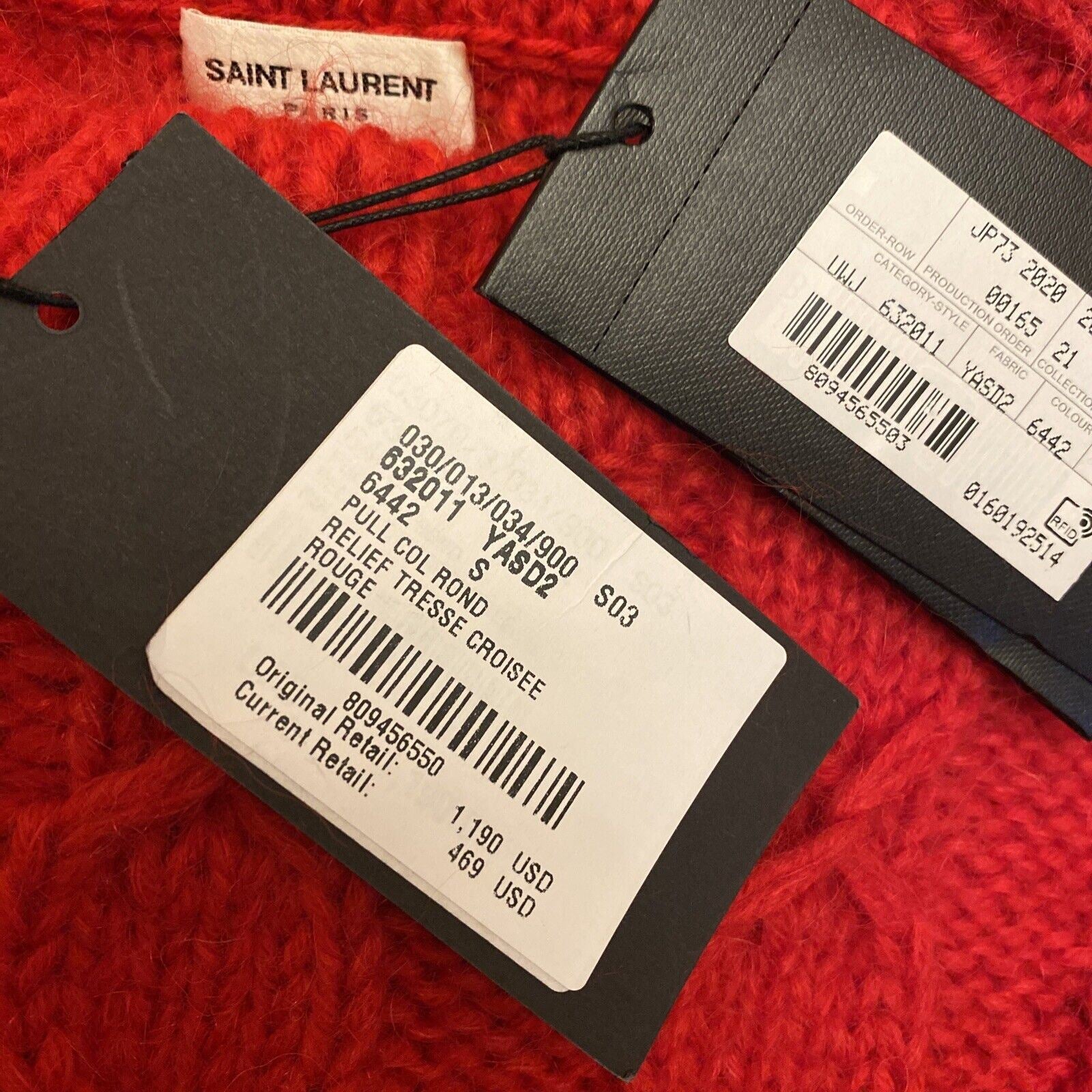 Neu mit Etikett: 990 $ Saint Laurent Herren Rundhalspullover Pullover Rot S Italien