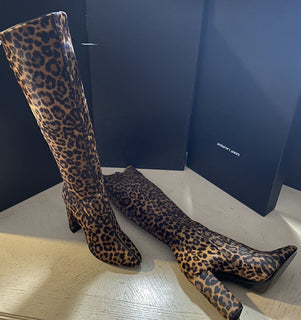 NIB $1995 Saint Laurent Damen Pony Spots Zip Stiefel Schuhe Braun 11,5 US/41,5 Eu