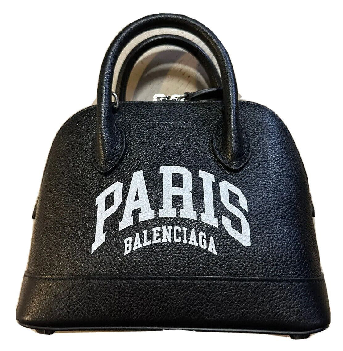 New BALENCIAGA XXS Paris Logo Leather Top-Handle Bag Black/White Italy