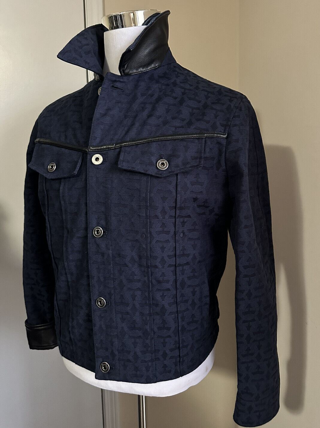 Neu 1490 $ Salvatore Ferragamo Herren Baumwolle/Lederjacke Schwarz/Blau 40 US/50 Eu